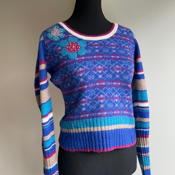 Vintage 80s Graphic Scoop Neck Sweater Periwinkle Blue Teal - Picture 8 of 9